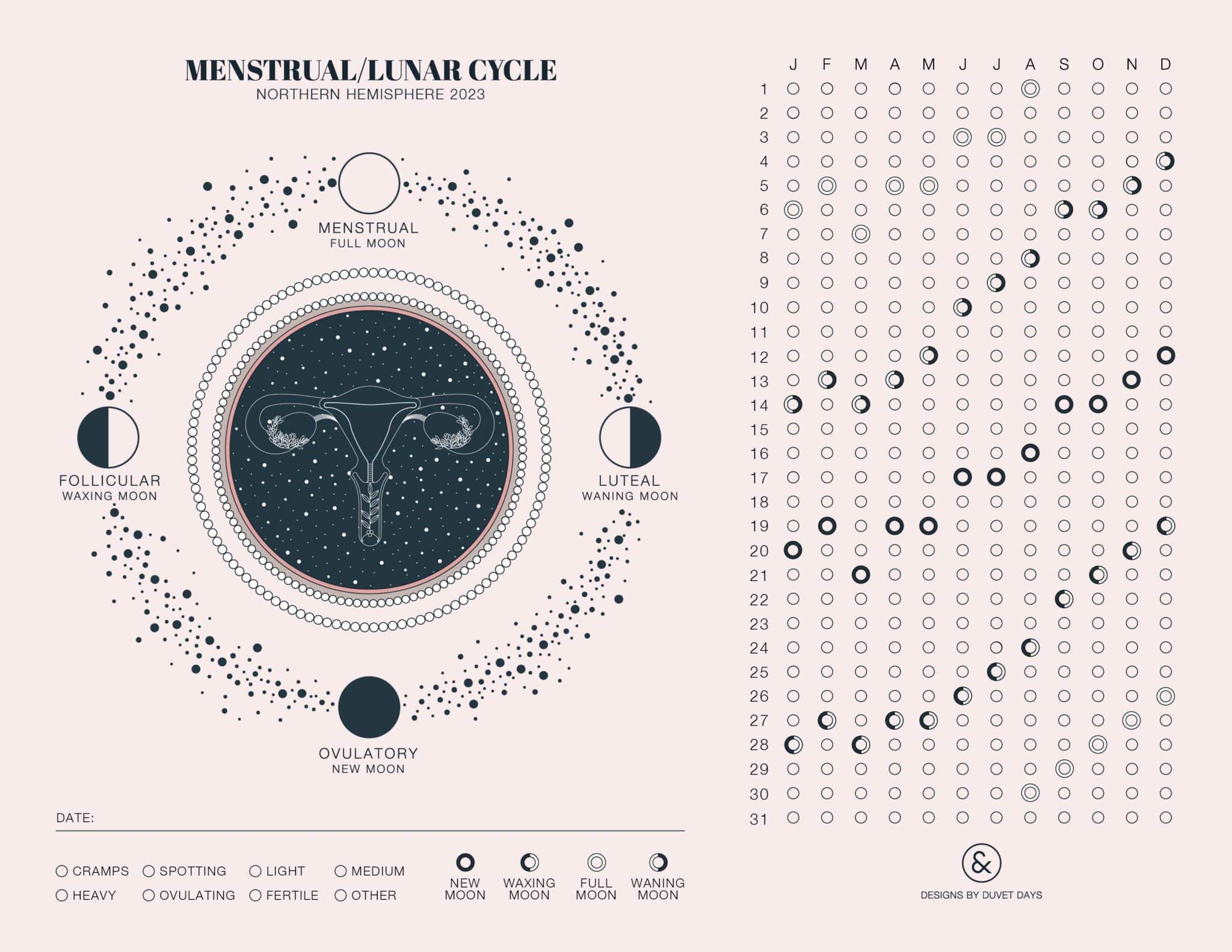 Designs By Duvet Days_8.5x11_My Menstrual-Lunar Cycle Tracking Sheet 2023_Full Moon Northern Hemisphere_Preview